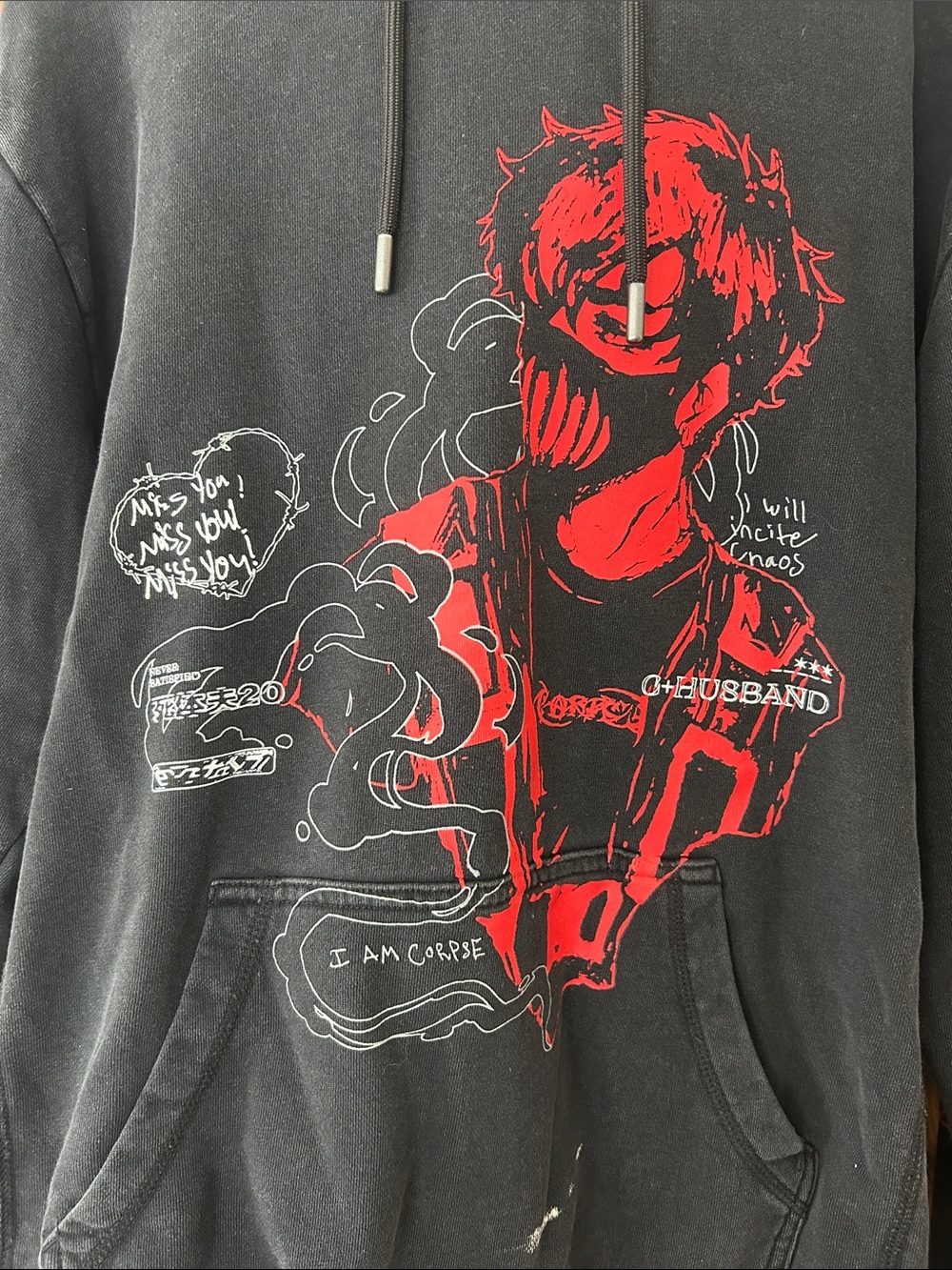 Black Graphic Corpse Husband Pullover Hoodie with Red Illustration - Picture 3 of 6
